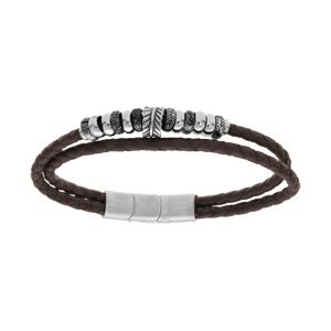 Bracelet en acier et cuir marron tressé 2 rangs avec multi anneaux 19 5