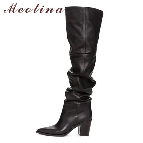 Meotina Winter Over The Knee Boots Women Natural Genuine Leather Thick