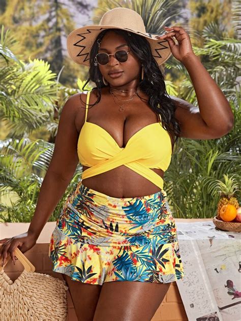 SHEIN Swim Vcay Plus Tropical Print Bikini Set Cross Wrap Push Up Bra