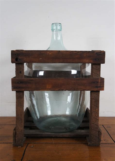 Antique French Hand Blown Glass Demijohn Wine Bottle Jug Wood Crate