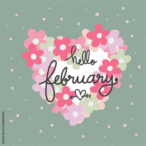 Hello February word and pink Flower heart frame cartoon vector ...