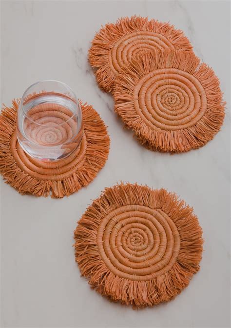 Peach Fringed Raffia Coasters Made Trade Absorbent Coasters Drink Coasters Coaster Set