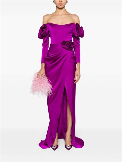 Ana Radu Floral Appliqu Satin Gown Purple Farfetch