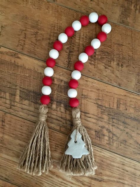 Red And White Christmas Wood Bead Garland With Concrete Tree And Jute Tassels Farmhouse