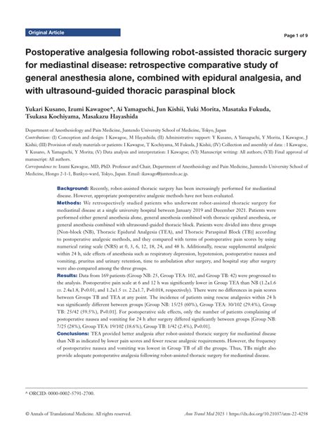 Pdf Postoperative Analgesia Following Robot Assisted Thoracic Surgery