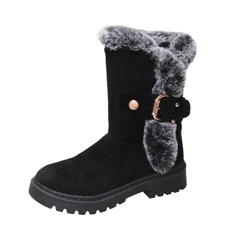 Womens Winter Boots Suede Low Heeled Mid Calf with Buckles and ...