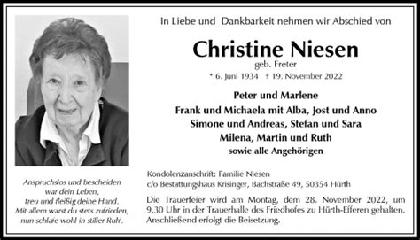 Traueranzeigen Von Christine Niesen WirTrauern