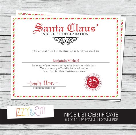 Santas Nice List Certificate Santa Printable