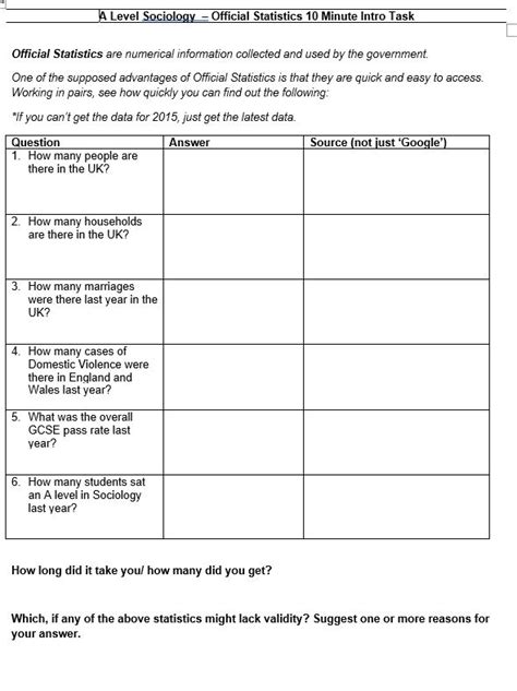 A Level Sociology Official Statistics Starter Answers Revisesociology