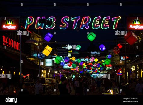 Siem Reap Cambodia 26 March 2018 Pub Street Night View With Bars