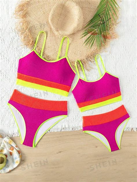 SHEIN Swim Color Block Textured Contrast Neon Trim Bikini Set Bathing