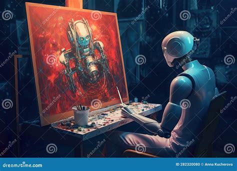 Human-shaped Robot Sits At An Easel In Art Studio, Painting A Self ...