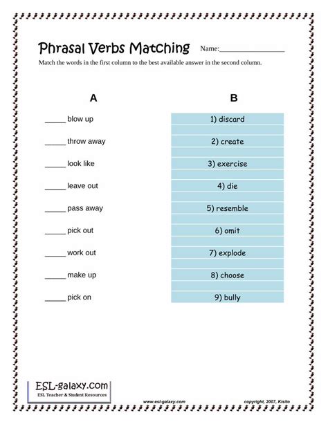 Pdf Phrasal Verbs Matching Esltower Verbs M Phrasal Verbs