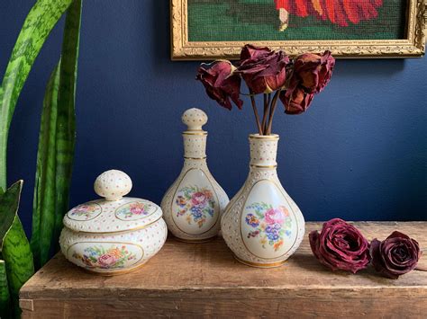 Vintage Ceramic Vanity Set With Pink Polkadots, Floral Vignettes, and Gold Details