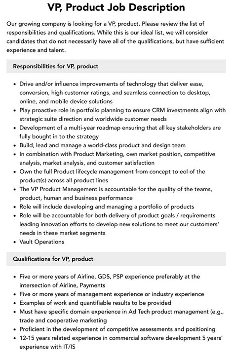 Vp Product Job Description Velvet Jobs