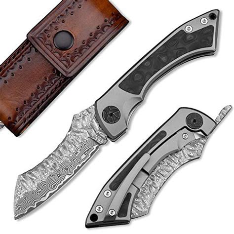 NEWOOTZ Damascus Steel Higonokami Folding Pocket Knife With Leather