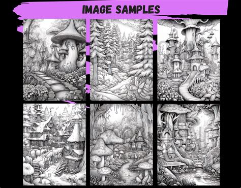 60 Hidden Fairy Village Coloring Pages, Adults Kids Digital Coloring