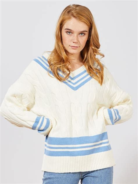 Pull Oversize Col V Blanc Bleu Kiabi