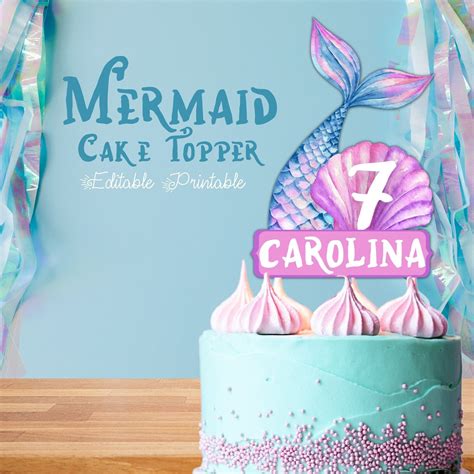 Printable Mermaid Cake Topper. Editable Cake Topper for Girls - Etsy