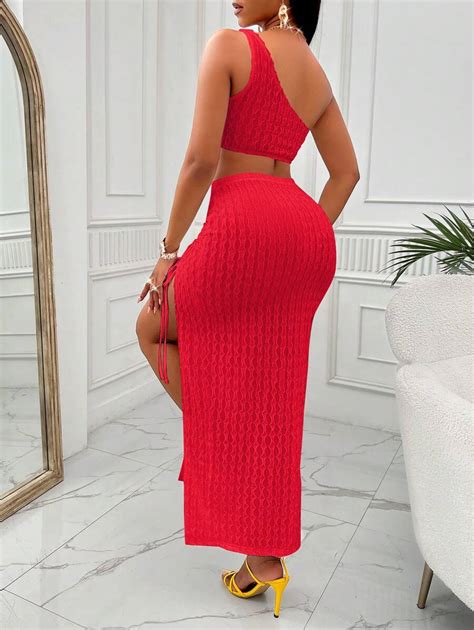 One Shoulder Crop Top And Drawstring Split Thigh Skirt Shein Usa