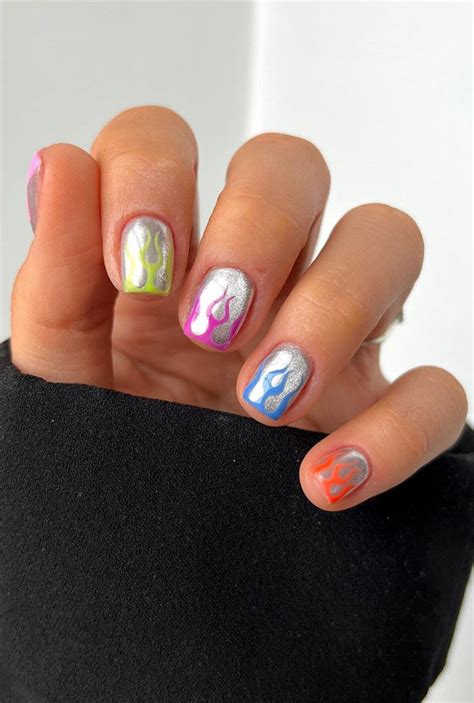 Chic Short Nail Art Designs for Maximum Style : Chrome Short Nails with Colourful Flame