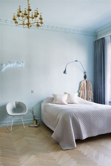 pale blue bedroom walls with brass lighting fixture. / sfgirlbybay ...