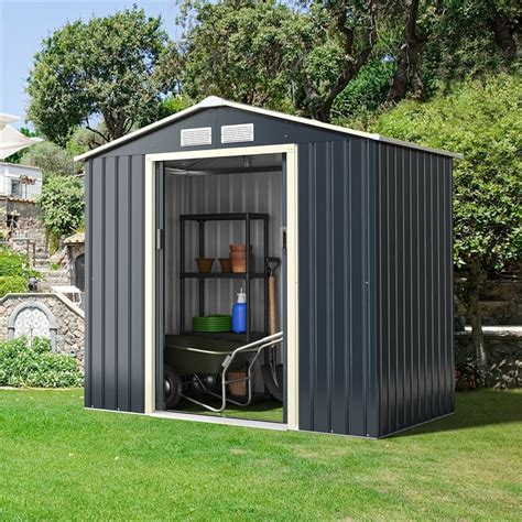 7 x 4 FT Outdoor Metal Storage Shed with 4 Air Vents & Sliding Double ...