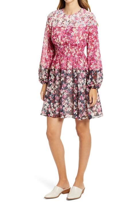 Eliza J Colorblock Floral Smocked Waist Long Sleeve Dress Nordstrom