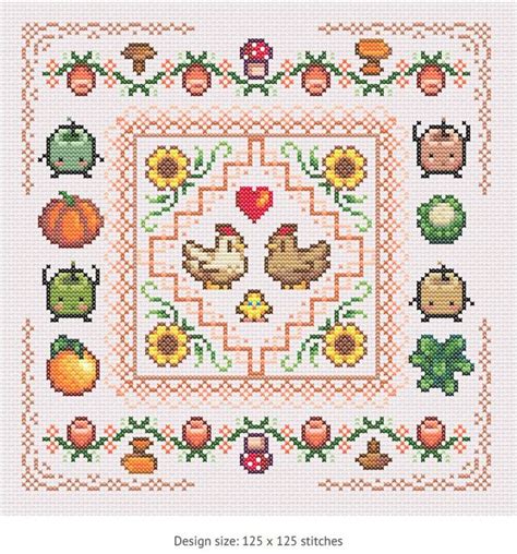 A Cross Stitch Pattern With Birds Flowers And Pumpkins In The Center