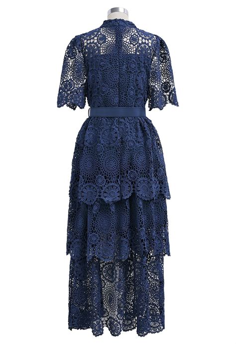 Cutwork Lace Belted Tiered Maxi Dress In Navy Retro Indie And Unique