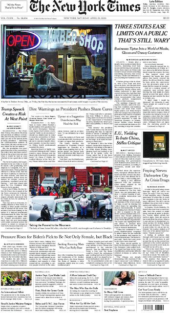 The New York Times In Print For Saturday April 25 2020 The New York Times