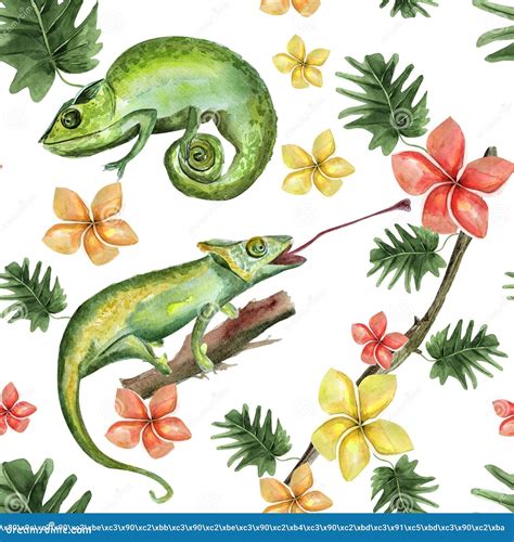 Chameleons In Tropical Forest Watercolor Seamless Pattern Stock