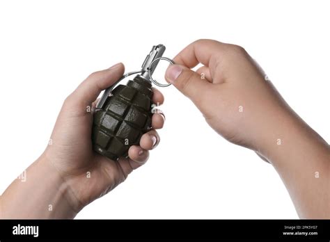 Man Pulling Safety Pin Out Of Hand Grenade On White Background Closeup