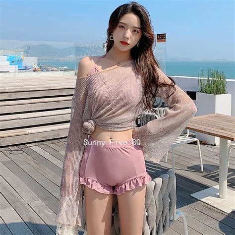 Bikini Set Coverup Korean Swimsuit 3 Piece Bikinis Cover Ups Swim Solid Color High Waist Luxury
