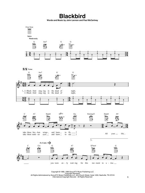 Blackbird By The Beatles Sheet Music For Baritone Ukulele At Sheet