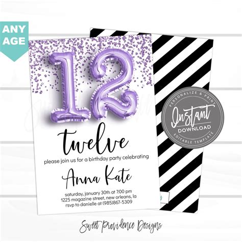 12th Birthday Invitation ANY AGE Editable Birthday Etsy