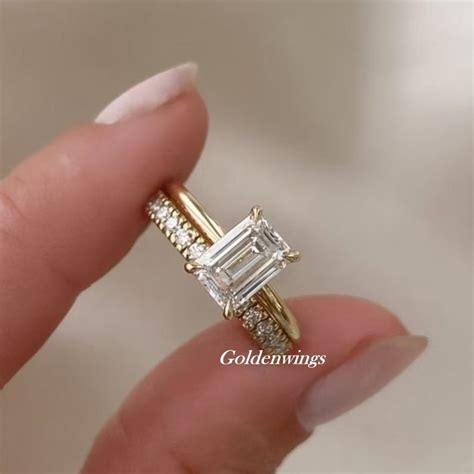 Emerald Cut Moissanite Engagement Ring Set Solid 14k Solid Gold Half Eternity Round Cut Stacking