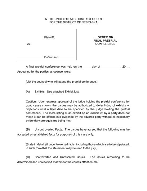 Nebraska Order on Final Pretrial Conference - Fill Out, Sign Online and ...