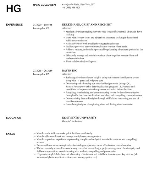 Advertiser Resume Samples | Velvet Jobs