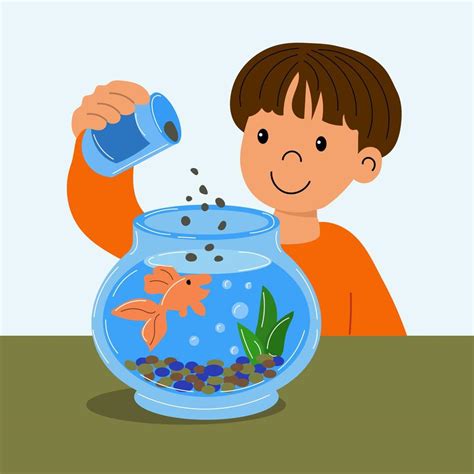 Ilustra O Infantil Um Menino Bonito Alimenta Um Peixe Dourado Em Um