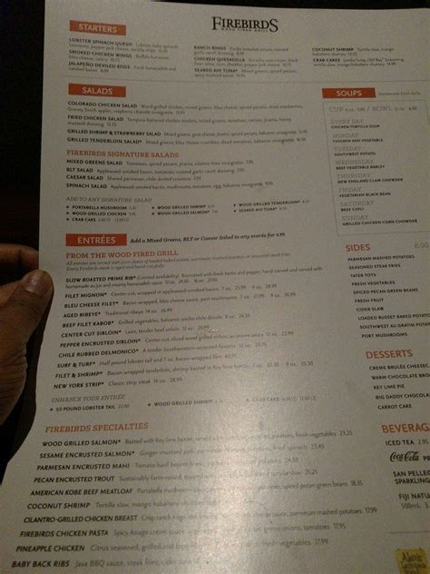 Menu At Firebirds Wood Fired Grill Pub Bar Indianapolis