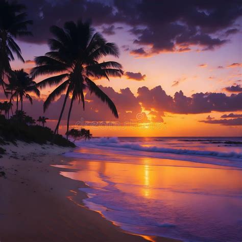 Ai Generated Sunset At The Beach With Tall Coconut Trees Stock