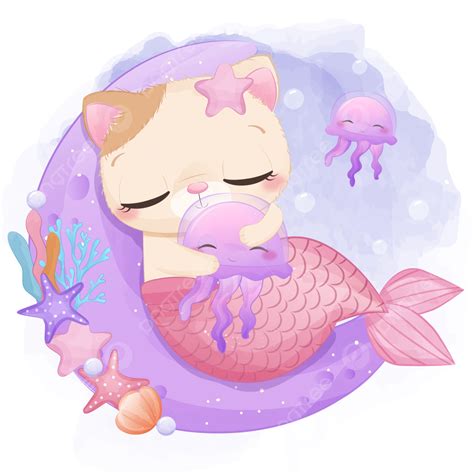 Lindo Gato Sirena En Acuarela Ilustración Png Dibujos Gato Sirena Clipart De Sirena