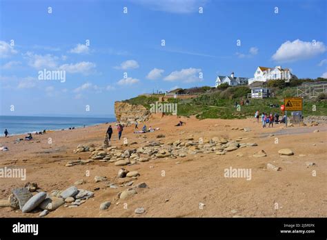 View Of Hive Beach And Cliff Rockfall Warning Sign On The Jurassic Coast On A Sunny Spring Day