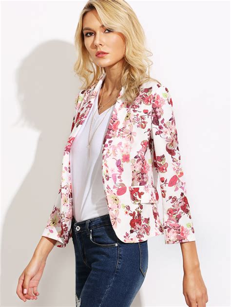 White Floral Print Open Front Blazer Shein Sheinside