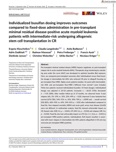 (PDF) Individualized busulfan dosing improves outcomes compared to fixed dose administration in ...