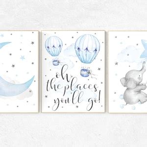 Elephant Hot Air Balloon Nursery Print Blue Gray Baby Boy Decor Etsy