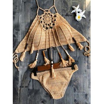 Emmiol Free Shipping Fringed Halter Crochet Knit Bikini Top Khaki