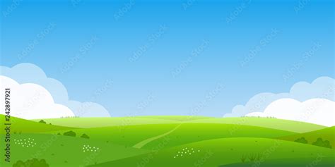 Summer Landscape Background Field Or Meadow With Green Grass Flowers And Hills Horizon Line