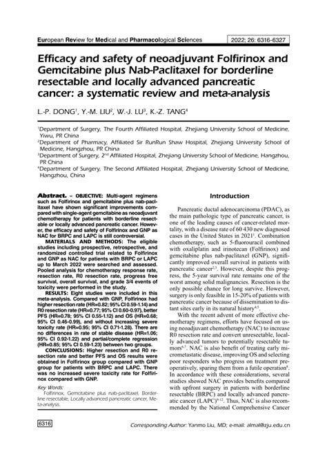 Pdf Efficacy And Safety Of Neoadjuvant Folfirinox And Gemcitabine Plus Nab Paclitaxel For